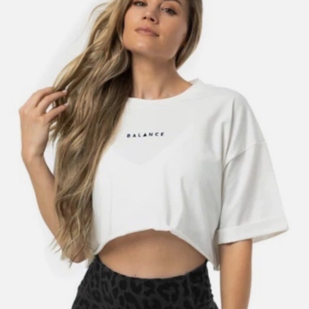 Balance Athletica RARE Cropped Tee White Brown Font